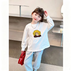 批发纯棉 带螺纹袖口女童长袖T恤新款儿童洋气圆领百搭t恤