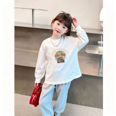 批发纯棉 带螺纹袖口女童长袖T恤新款儿童洋气圆领百搭t恤