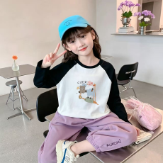 纯棉女童插肩长袖T恤秋装新款儿童宽松洋气T恤拼色百搭上衣