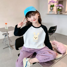 纯棉女童插肩长袖T恤秋装新款儿童宽松洋气T恤拼色百搭上衣