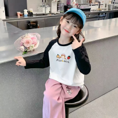 纯棉女童插肩长袖T恤秋装新款儿童宽松洋气T恤拼色百搭上衣