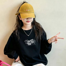 批发纯棉 带螺纹袖口女童长袖T恤新款儿童洋气圆领百搭t恤