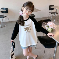 批发纯棉女童插肩长袖<b class='q'>T</b><b class='q'>恤</b>秋装新款<b class='q'>儿童</b>宽松洋气<b class='q'>T</b><b class='q'>恤</b>拼色百搭上衣