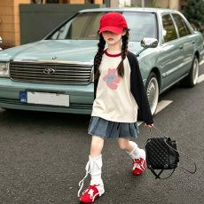 批发纯棉女童插肩长袖<b class='q'>T</b><b class='q'>恤</b>秋装新款<b class='q'>儿童</b>宽松洋气<b class='q'>T</b><b class='q'>恤</b>拼色百搭上衣