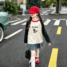 批发纯棉女童插肩长袖<b class='q'>T</b><b class='q'>恤</b>秋装新款<b class='q'>儿童</b>宽松洋气<b class='q'>T</b><b class='q'>恤</b>拼色百搭上衣