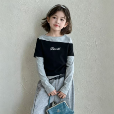 批发<b class='q'>女</b><b class='q'>童</b>韩版长袖T恤春秋新款修身拼接假两件百搭洋气打底衫