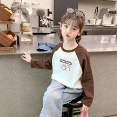批发纯棉<b class='q'>女</b><b class='q'>童</b>插肩长袖T恤秋装<b class='q'>新款</b>儿童宽松洋气T恤拼色百搭上衣