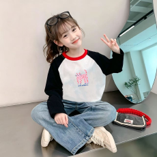 批发纯棉<b class='q'>女</b><b class='q'>童</b>插肩长袖T恤秋装<b class='q'>新款</b>儿童宽松洋气T恤拼色百搭上衣