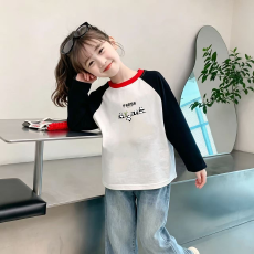 批发纯棉<b class='q'>女</b><b class='q'>童</b>插肩长袖T恤秋装<b class='q'>新款</b>儿童宽松洋气T恤拼色百搭上衣