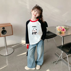 批发纯棉<b class='q'>女</b><b class='q'>童</b>插肩长袖T恤秋装<b class='q'>新款</b>儿童宽松洋气T恤拼色百搭上衣