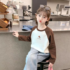 批发纯棉<b class='q'>女</b><b class='q'>童</b>插肩长袖T恤秋装<b class='q'>新款</b>儿童宽松洋气T恤拼色百搭上衣