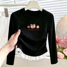 批发<b class='q'>女童</b>长<b class='q'>袖</b><b class='q'>T</b><b class='q'>恤</b>侧边褶皱下摆蕾丝花边圆领修身打底衫春秋上衣