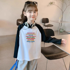 批发纯棉<b class='q'>女童</b>插肩<b class='q'>长袖</b><b class='q'>T</b><b class='q'>恤</b>秋装新款儿童宽松洋气<b class='q'>T</b><b class='q'>恤</b>拼色百搭上衣