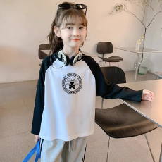 纯棉女童插肩长袖T恤秋装新款儿童宽松洋气T恤拼色百搭上衣
