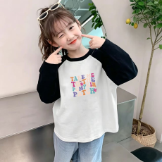 纯棉女童插肩长袖T恤秋装新款儿童宽松洋气T恤拼色百搭上衣