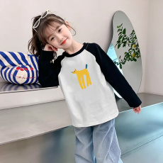 纯棉女童插肩长袖T恤秋装新款儿童宽松洋气T恤拼色百搭上衣