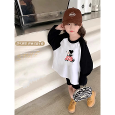 批发纯棉女童插肩长袖T恤<b class='q'>秋</b>装新款儿童宽松洋气T恤拼色百搭上衣