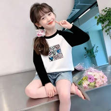 批发纯棉女童插肩长袖T恤<b class='q'>秋</b>装新款儿童宽松洋气T恤拼色百搭上衣