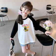 批发纯棉女童插肩长袖T恤<b class='q'>秋</b>装新款儿童宽松洋气T恤拼色百搭上衣