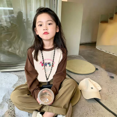 纯棉女童插肩长袖T恤秋装新款儿童宽松洋气T恤拼色百搭上衣