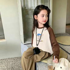 纯棉女童插肩长袖T恤秋装新款儿童宽松洋气T恤拼色百搭上衣