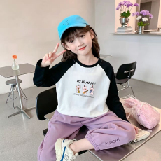 批发纯棉女童插肩长袖T恤秋装新款<b class='q'>儿童</b>宽松洋气T恤拼色百搭上衣