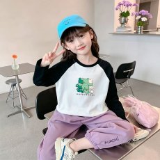 批发纯棉女童插肩长袖T恤秋装新款<b class='q'>儿童</b>宽松洋气T恤拼色百搭上衣