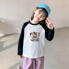 批发纯棉女童插肩长袖T恤秋装新款<b class='q'>儿童</b>宽松洋气T恤拼色百搭上衣