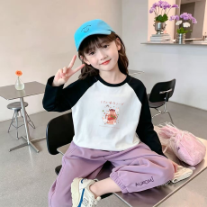 批发纯棉女童插肩长袖T恤秋装新款<b class='q'>儿童</b>宽松洋气T恤拼色百搭上衣