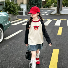 批发纯棉女童插肩长袖T恤秋装新款儿童宽松洋气T恤拼色百搭上衣