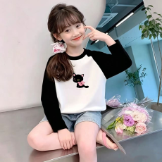 批发纯棉女童插肩长袖T恤秋装新款儿童宽松洋气T恤拼色百搭上衣
