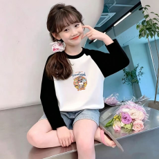 批发纯棉女童插肩长袖T恤秋装新款儿童宽松洋气T恤拼色百搭上衣