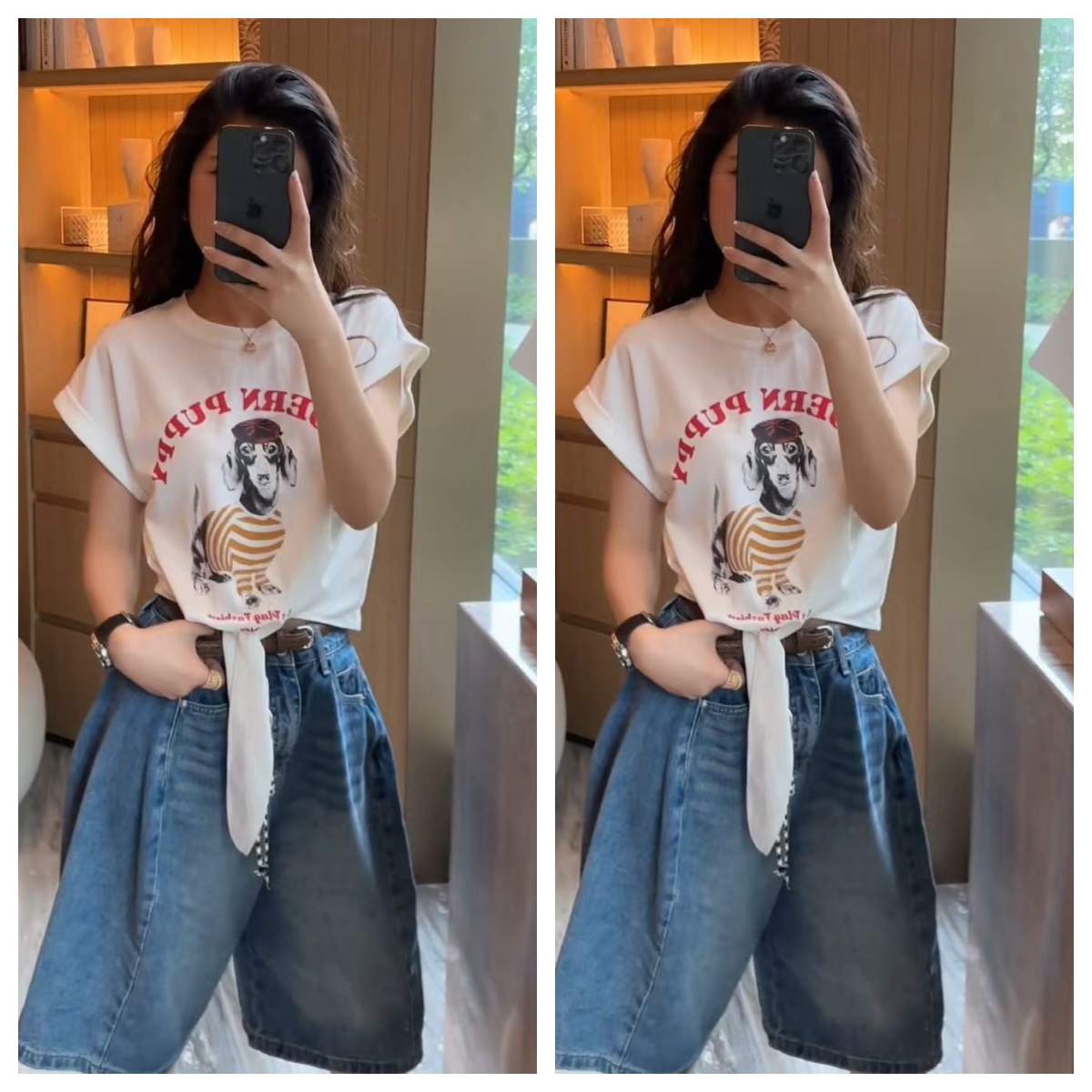 FA34832# 楚楚君摩登小狗夏季圆领美式复古狗狗绑带短袖上衣 服裝批發女裝批發服飾貨源