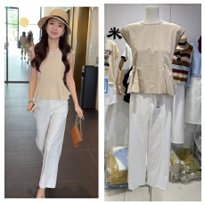 批发婷婷推荐夏季气质直筒阔高腰显瘦百搭休闲裤+荷叶边无袖<b class='q'>衬衣</b>