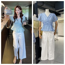 批发2025夏季捏褶设计感收腰法式V领显瘦<b class='q'>衬衫</b>上衣+直筒阔显瘦休闲裤