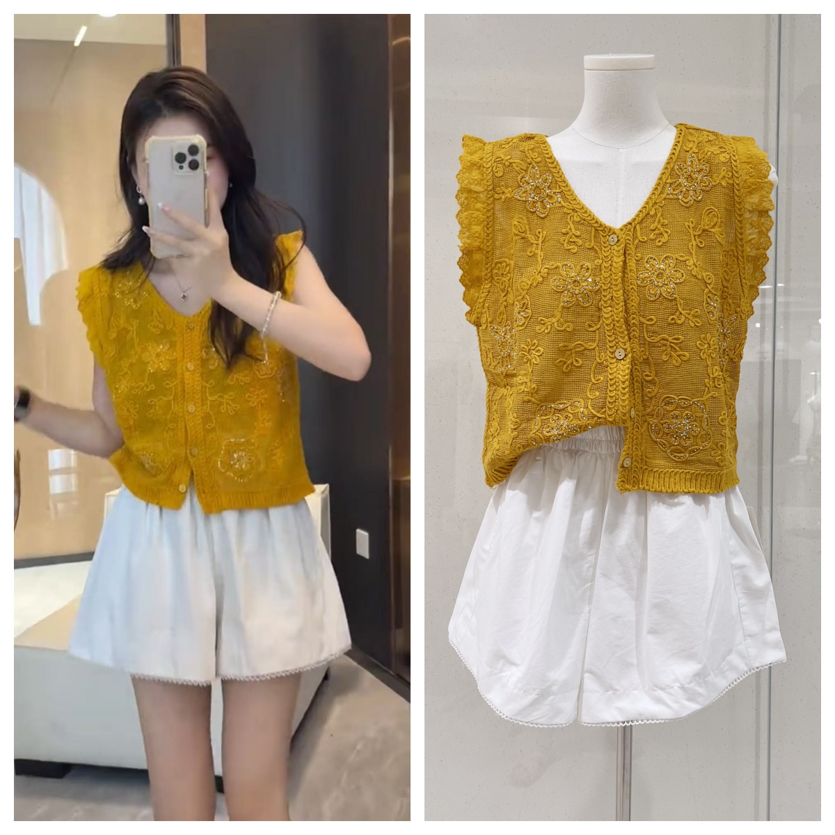 FA34821# 夏季法式V领提花无袖衬衣重工亮片扣背心上衣 服裝批發女裝批發服飾貨源