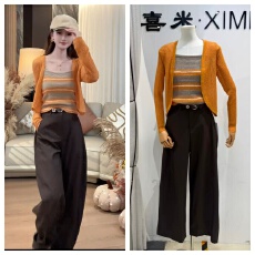 批发早秋<b class='q'>条纹</b>女针织打底吊带+开衫两件套+宽松显瘦百搭休闲阔腿裤