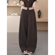 批发棕色弯刀毛呢阔腿裤<b class='q'>女</b>秋冬新款高腰垂感直筒裤加绒呢子窄版西装裤