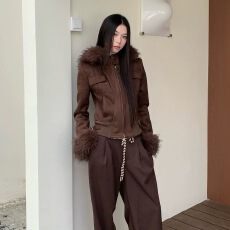 25秋冬新款气质复古麂皮绒可拆卸毛领修身连帽外套时尚百搭外套女