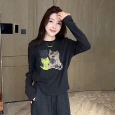 批发欧货卡通猫咪印花长袖T恤女2025秋季新款宽松显瘦内搭<b class='q'>打底衫</b>上衣