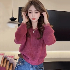 批发紫红色软糯V领流苏长袖针织衫2025年<b class='q'>秋</b>冬季慵懒高级感百搭女装潮