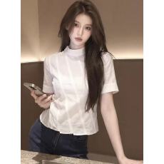 批发设计感半高领斜条纹短袖衬衫2026夏季新款女修身显瘦百搭时尚上衣