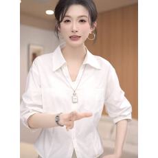批发大码韩系白色雪纺五分袖衬衫女2026新款夏季宽松显瘦高级掐腰上衣