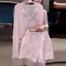 批发温柔风甜美气质减龄粉色翻领长袖短裤小众休闲百搭薄款显瘦两件套