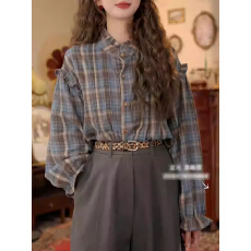 批发2025秋季新款复古港风宽松显瘦立领上衣时尚木耳边拼接<b class='q'>格子</b><b class='q'>衬衫女</b>