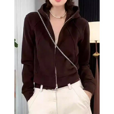 批发复古咖色双拉链连帽卫衣女2025<b class='q'>秋</b>冬新款韩版休闲百搭短款开衫外套