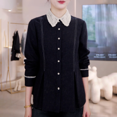 批发洋气时尚拼接蕾丝POLO领衬衫2025秋<b class='q'>冬</b>新款高级感收腰显瘦开衫上衣