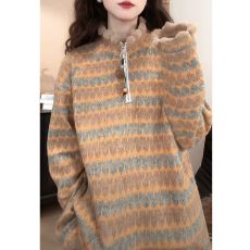 批发韩系氛围感撞色条纹立领卫衣女秋冬款洋气显瘦百搭<b class='q'>休闲</b>半拉链上衣