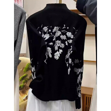 批发<b class='q'>韩版</b>时尚枫叶提花立领针织开衫女秋冬新款通勤风慵懒休闲毛衣外套