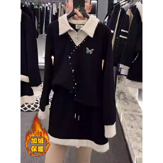 批发高级感烫钻蝴蝶拼接卫衣+半身裙两件套2025冬季加绒保暖<b class='q'>时尚</b>套装